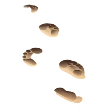 A quiet beach at sunset. Two sets of footprints—one small, the other larger, leading forward. As they continue, the small steps merge into the larger ones, until only one set remains, past and present walking as one. sticker