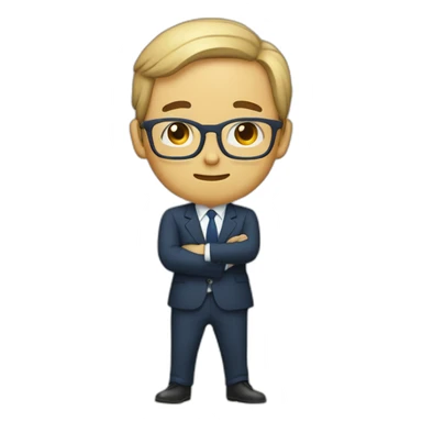 I'd like an icon of a man in his early 30s, dressed as a salaryman, standing and bowing. He should be wearing a navy suit, a red tie, and a white shirt, and he should have glasses on. sticker