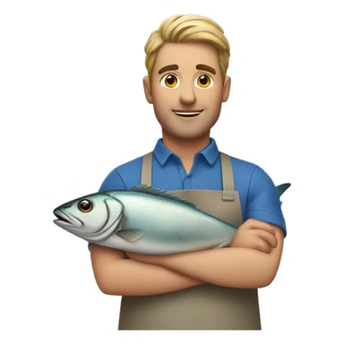guy in a blue apron holding a fish sticker