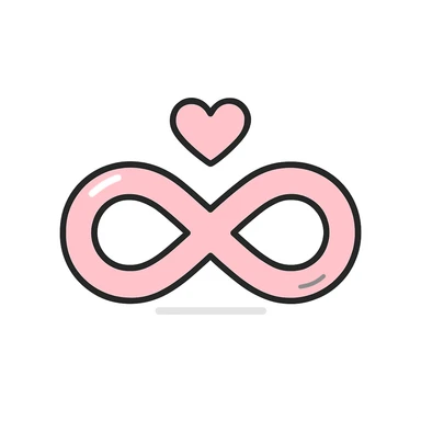 pink infinity symbol with expressive shadows and highlights, simple heart above the infinity sign, matching style, flat pink gray style sticker