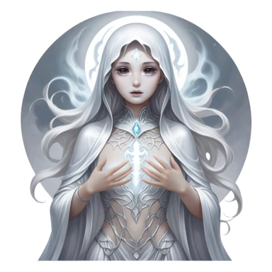 Cinematic, Ultra realistic 32k HD, Breathtaking piece of art, rim lighting, hauntingly beautiful art, mostly greyscale, Balanced features, highly detailed digital artwork, glowing with silver light, glowing, high shine, deviant adoptable, highly detailed clothing, remembrance, a painting of white silver, fanciful, enchanting, ghostly, embodying the essence of both reality and fantasy, dreamy, dreamy glow, optical illusion, immaculate composition, complex pose, air composition. The image is so lifelike that it feels as though it could leap off the canvas at any moment sticker