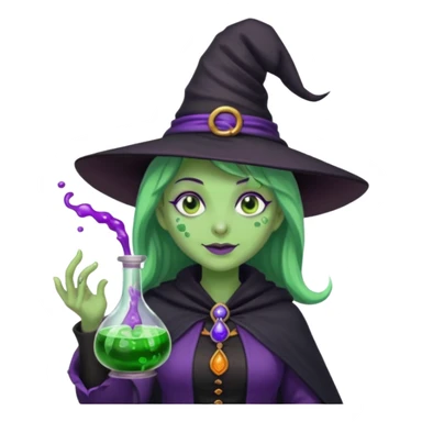 Witch with Green Skin – long-nosed witch in black hat holding potion sticker