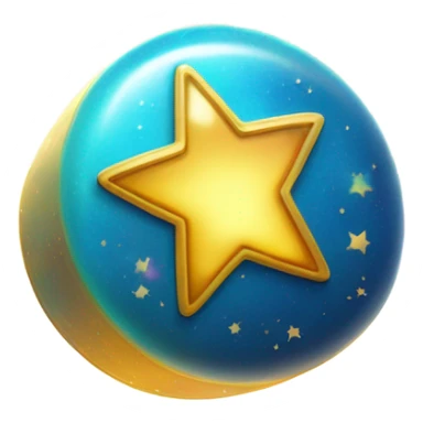 A magical pill emoji, glowing with a rainbow aura and sparkling stars around it. The pill is bright blue with a golden star in the center, floating in a pastel-colored background. The style is cute and cartoonish, like a playful emoji. sticker