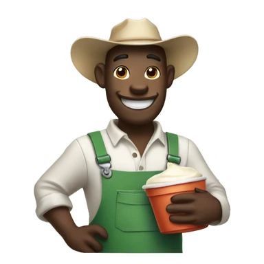cow dressed as a farmer holding a container of cream, smiling sticker