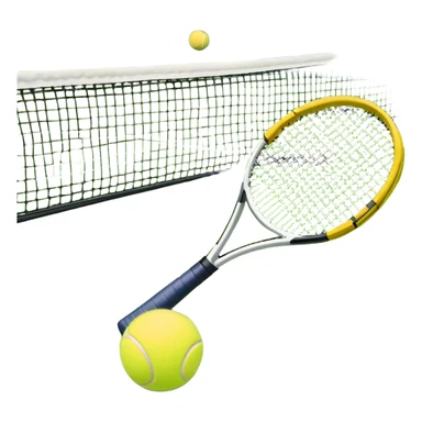 A tennis racket with a bright yellow tennis ball resting on it, set against the backdrop of a well-maintained tennis court. The scene emphasizes the smooth lines of the court and the focus on the ball and racket, symbolizing the elegance and precision of the sport sticker