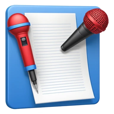 iconography design suitable for emoji reaction; pixel art: white document with a folded top-right corner and horizontal lines, outlined in a brick pattern. At the top center of the document is an icon indicating ai. In front of the document a microphone icon sticker