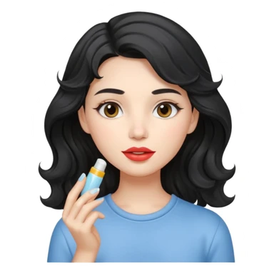 “Girl with light-black wavy hair, soft and flowing. She holds a lip balm just near her lips, about to apply it. The lip balm gives her lips a subtle glossy shine, making them look smooth, hydrated, and naturally pretty sticker