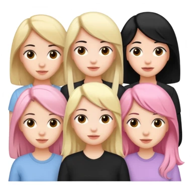 Girlfriend emoji - 5 white girlfriends, two with black hair, one with medium blonde hair, one with  pale pink hair,  sticker