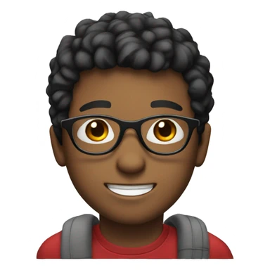 Smiling white boy with glasses with glasses short black hair and red shirt sticker