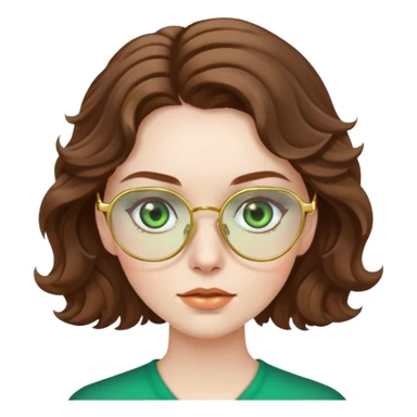 woman with pale skin, brown wavy hair, green eyes, gold glasses sticker