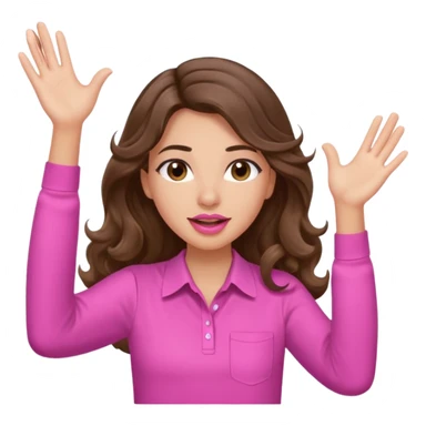 girl with long wavy brown hair, brown eyes, light to medium complexion, in a pink shirt, pink lips, long lashes, puckered lips, both hands all the way upin the air cheering sticker