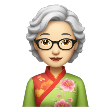 Chinese lady with very lightly grey hair to shoulder length wear glasses wear Chinese colourful dress sticker