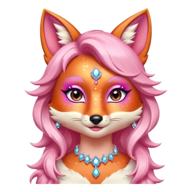 glamorous fox portrait, head and shoulders only, exaggerated pink makeup, bright eyeshadow, long eyelashes, shiny blush cheeks, sparkling face gems, glitter accents, elegant earrings, fantasy beauty style, cute 3D cartoon, mobile game icon style, clean background, no text, no watermark
 sticker