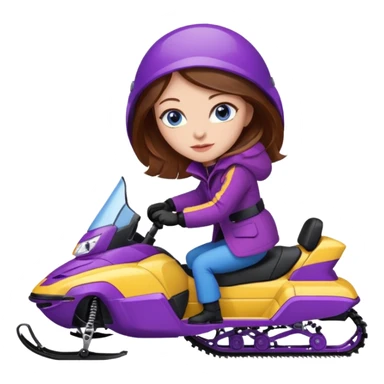 Woman, Brown hair, very blue eyes, wearing a Very red coat  on purple and yellow striped snowmobile sticker