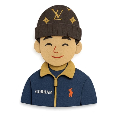 young person wearing a Louis Vuitton beanie and a Ralph Lauren Gorham jacket sticker
