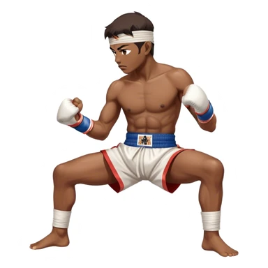 ​Cinematic Realistic Traditional Muay Thai Fighter, depicted in authentic attire featuring white bandaged gloves wrapped around his fists, a traditional headband tied neatly, and classic Muay Thai shorts, captured in a dynamic fighting stance under dramatic, high-energy lighting that highlights the raw power and elegance of the art, sticker