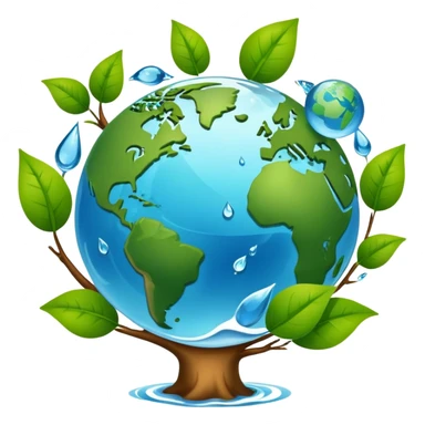 An icon featuring a globe with green leaves, a recycling symbol, and a water droplet, symbolizing ecology. The design includes trees, animals, and renewable energy icons, representing the study of ecosystems, environmental protection, and sustainability. Transparent background sticker