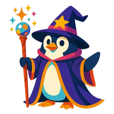 penguin wizard, vibrant and magical, holding a staff, wearing a pointed hat sticker