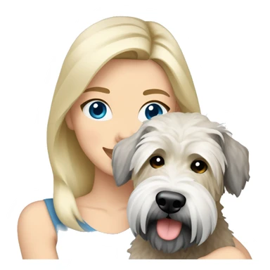 pretty woman blonde hair blue eyes hugging a white and gray soft coated wheaten terrier dog sticker
