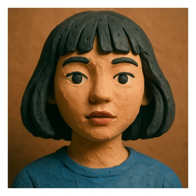 portrait of a girl with black shoulder-length hair, bangs, black almond-shaped eyes, full lips, and straight nose, claymation style sticker