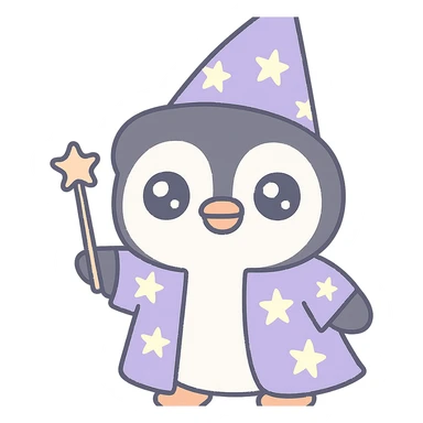 cartoon penguin wizard casting a spell wearing a starry robe and holding a wand sticker