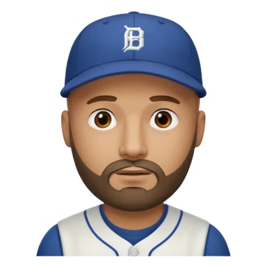 Man with bald head and beard wearing a baseball cap sticker