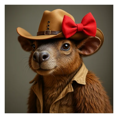 Add a red bow to the capybara wearing a cowboy hat, in a realistic and detailed style, with the same background as the original. The style should be photorealistic and highly detailed. sticker