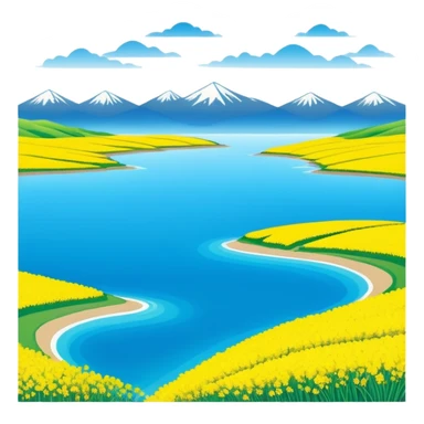 Qinghai Lake spring scenery with rapeseed flowers and blue water, simplified emoji style with bold outlines and bright colors, cartoon style vast lake with mountains sticker