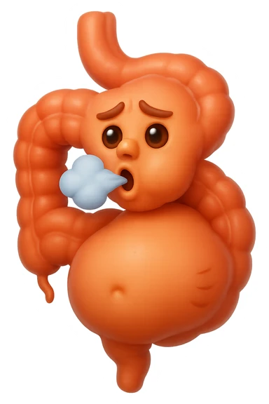 emoji stile iphone di un intestino che ingoia una nuvoletta di aria ben visibile e gli si gonfia la pancia, non fargli il naso, iperrealistico 4k sticker