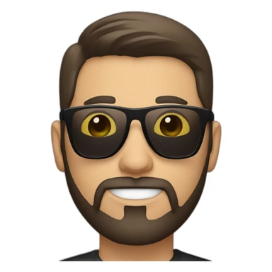 person short straight dark brown hair, goatee style beard with sunglasses. White background, simple black tshirt. smiling. white skin sticker