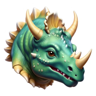 Beautiful and Majestic Triceratops Portrait Emoji, Head and body rendered in serene repose with a gentle, content smile, showcasing a robust, horned form with an intricately frilled head and eyes softly closed in tranquil repose, Simplified yet exquisitely endearing features, highly detailed, glowing with a soft, drowsy prehistoric light, high shine, relaxed and utterly majestic, stylized with an air of ancient splendor, soft glowing outline, capturing the essence of a beautiful and majestic Triceratops that embodies the timeless strength of the ancient world! sticker