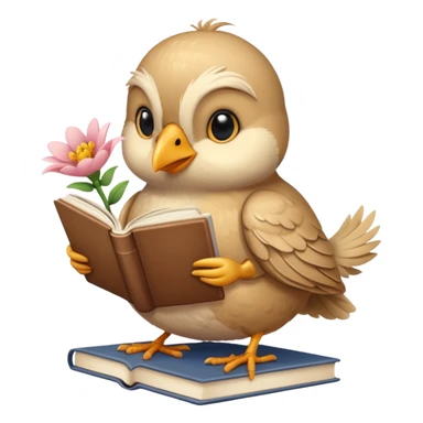 Beige Bird reading books + flower sticker