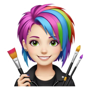 artist-girl with rainbow hair and brushes in black punk-clothing smiling sticker