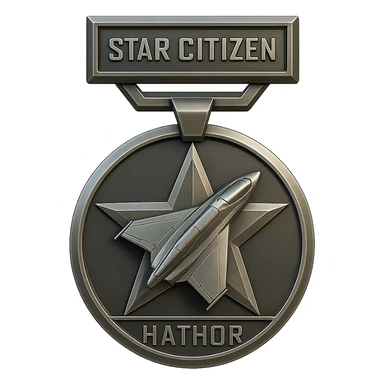 Star Citizen Hathor activity medal, metallic with star and spaceship elements, futuristic and elegant, suitable for game achievement sticker