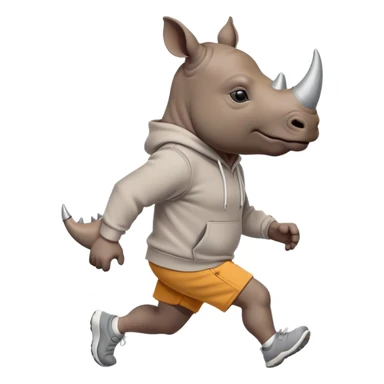 friendly anthropomorphised rhino jogging upright, wearing a hoodie and shorts, dark sunglasses, relaxed pose sticker