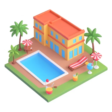 a hotel with a pool and a cocktail sticker