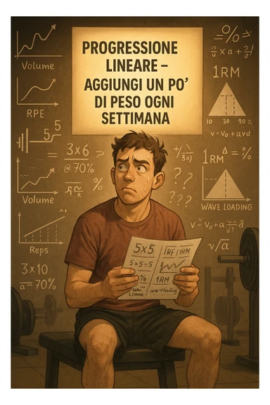 Neofita in palestra, visibilmente confuso, seduto su una panca con in mano un foglio pieno di schemi complicati, numeri, percentuali e sigle (tipo 5x5, RPE, 1RM, wave loading, ecc). Ha un’espressione perplessa, guarda in tutte le direzioni. Intorno a lui appaiono in aria grafici intricati, metodi diversi, formule complicate. Ma sullo sfondo, in modo semplice e luminoso, c'è un cartello che dice: 'Progressione lineare – Aggiungi un po’ di peso ogni settimana'. La luce calda illumina proprio quel messaggio semplice. Contrasto visivo forte tra la confusione e la chiarezza. Stile realistico o illustrato, atmosfera educativa e motivazionale. sticker