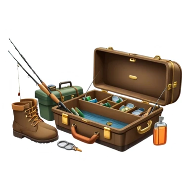 Icon for Fishing: a boat on the shore of a peaceful water body with a beautiful natural landscape, a fishing tackle box, a spinning rod, and boots nearby. The icon should capture the tranquility and gear of a fishing adventure. Transparent background. sticker