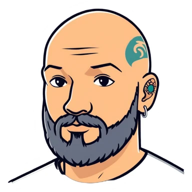 bald man with a beard and visible tattoo sticker