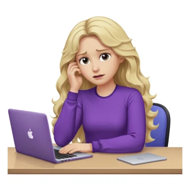 lady with long blonde wavy hair, purple top, one elbow one desk hand on face with a laptop looking defeated sticker