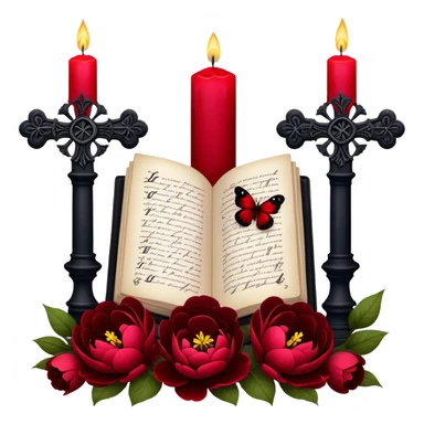 A dark, romantic composition featuring deep red peonies and pansies intertwined with blackened love letters, surrounded by glowing crimson candles. Butterflies in various shades of red flutter around Gothic crosses, creating an eerie yet passionate atmosphere. sticker
