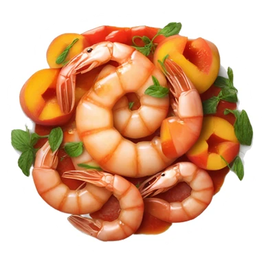 plate with tomato coulis; shrimps and peaches on top sticker
