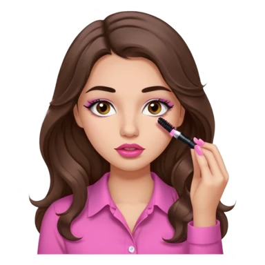girl with long wavy brown hair, brown eyes, light to medium complexion, in a pink shirt, pink lips, long lashes, puckered lips, putting on mascara sticker