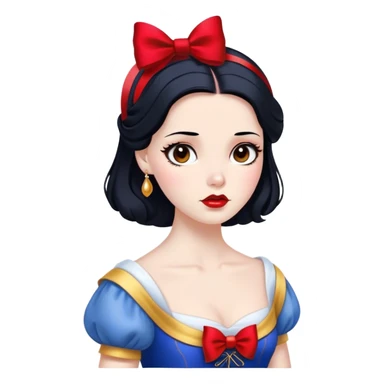 Cinematic Elegant Snow White Portrait Emoji, rendered in a realistic, vector-style with minimal shading and bold, simplified shapes. Depict Snow White (chest and above) with flawless porcelain skin, expressive deep brown eyes, and lustrous raven hair neatly styled with a red bow, wearing her classic blue and gold dress. The image glows with a soft, pure radiance and high shine, capturing timeless beauty and gentle grace. sticker