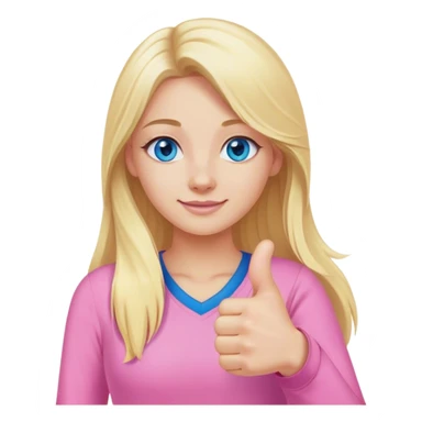 Pretty Blonde with long hair model, blue eyes In pink clothes, thumbs up sticker