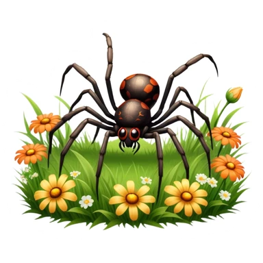 Huge spider sitting on grass with flowers, surrounded by a lush meadow. Detailed legs and body, with soft natural lighting enhancing its texture. Calm, serene background with vibrant greenery and a clear sky. Transparent background. sticker