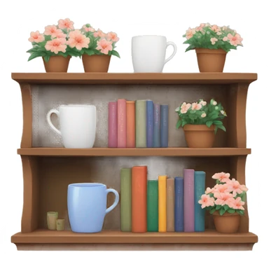 Cozy bookshelf with mugs and flowers  sticker