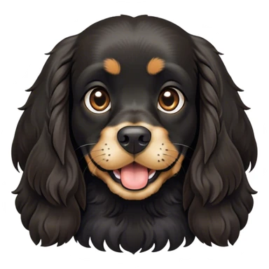 Cinematic Comical Black Cocker Spaniel Portrait Emoji, Head tilted dramatically with an exaggeratedly amused expression, featuring a shiny black coat with noticeable tan accents, wide, expressive dark eyes filled with playful disbelief, Simplified yet hilariously expressive features, highly detailed, glowing with a slightly sassy glow, high shine, dramatic yet playful, stylized with an air of cheeky mischief, bright and endearing, soft glowing outline, capturing the essence of a spirited and over-the-top companion, so meme-worthy it feels like it could side-eye its way into internet fame instantly! sticker
