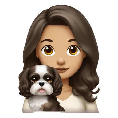 Young dark brunette medium kin hair woman with a cream shih tzu in her arms long wavy hair sticker