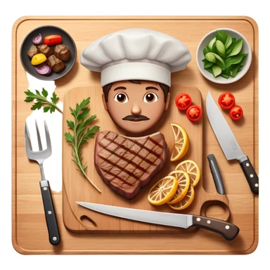 icon featuring a chef’s hat, a cutting board with fresh ingredients, a knife, a beautifully cooked ribeye steak, shashlik skewers, and a plate of food in the making. The design captures the passion of cooking with warm, inviting colors, and realistic textures. Transparent background. sticker